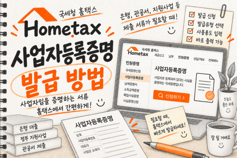 이번 글 카테고리는 소상공인·사업자 쪽으로 넣는 게 가장 잘 맞아. 세금 신고 자체보다 개인사업자의 사업자등록 실무 가이드가 핵심이니까. 앞으로 홈택스 사업자등록, 현금영수증 발급, 폐업신고 같은 롱테일 글들도 이 카테고리에 묶으면 좋아. 오늘 오후 7:50 지금 기즈 브리핑 사이트에 들어와가지고 첫 화면을 봤는데 이렇게 나오거든. 근데 이게 정상이야? 맨 마지막 그 포스팅만 이렇게 크게 나오고 이 오른쪽에 작게 나오고 이게 맞나? 이렇게 똑같이 이렇게 나와야 되는 거 아닌가? 뭐가 잘못된 것 같은데. 이게 다야. 좀 전에 보냈잖아 내가 볼때는 저 언론사, 아니라 기본블로그, 하면 된것 같은데 자 그리고 여기서 잘 봐. 그 첫 번째는 그림이 잘렸지. 두 번째, 세 번째 안 잘렸지. 네 번째 잘렸지. 이것도 잘 이거를 해야 될 것 같아. 어디에 넣으라는 거야? 이것도 다시 만들어 이건 어떻게 생각해? 다음 좋아. 다음은 **⑫ 홈택스 사업자등록증명 발급 방법**으로 가자. 앞에서 사업자등록증 발급·재발급을 했지만, 이번 건은 사업자등록증이 아니라 ‘현재 사업자로 등록돼 있다는 사실을 증명하는 국세증명’이라 검색 의도가 달라. 홈택스에도 사업자등록증명이 별도 즉시발급 증명으로 제공되고 있어. 제목 홈택스 사업자등록증명 발급 방법｜사업자등록증과 차이까지 정리 본문 전체 복붙 사업을 하다 보면 사업자등록증 사본이 아니라 ‘사업자등록증명’을 제출해달라는 경우가 있습니다. 은행이나 관공서, 정부 지원사업 등에서 사업자임을 증명하는 서류가 필요할 때 사용하는 국세증명입니다. 이름이 비슷하다 보니 사업자등록증과 사업자등록증명을 같은 서류라고 생각하기 쉬운데요. 두 서류는 용도에 차이가 있습니다. 이번 글에서는 홈택스 사업자등록증명 발급 방법과 사업자등록증과의 차이, 발급할 때 확인해야 할 내용을 정리해보겠습니다. ## 사업자등록증명이란 무엇일까요? 사업자등록증명은 사업자로 등록되어 있다는 사실을 증명하기 위해 발급받는 국세증명입니다. 사업자등록증 자체를 다시 출력하는 것과는 다릅니다. 사업과 관련된 각종 행정업무나 금융기관 업무, 정부 지원사업 신청 등에서 사업자등록 사실을 확인하기 위해 사업자등록증명을 요구하는 경우가 있습니다. ## 홈택스 사업자등록증명 발급 방법 ### 1. 국세청 홈택스에 로그인합니다 먼저 국세청 홈택스에 접속해 로그인합니다. 사업자등록증명을 발급받을 수 있는 본인 계정으로 로그인한 뒤 진행합니다. ### 2. 사업자등록증명 메뉴를 찾습니다 홈택스에서 국세증명 관련 메뉴로 이동한 뒤 ‘사업자등록증명’을 선택합니다. 메뉴가 바로 보이지 않는다면 홈택스 검색창에 ‘사업자등록증명’ 이라고 입력해 찾는 것도 편리합니다. ### 3. 발급유형을 확인합니다 사업자등록증명 신청 화면으로 들어가면 발급유형을 선택하는 항목이 나옵니다. 신청하려는 사업장과 필요한 증명 내용이 맞는지 확인한 뒤 진행하세요. ### 4. 사용용도와 제출처를 선택합니다 홈택스 사업자등록증명 신청 화면에서는 사용용도와 제출처를 선택하게 됩니다. 은행이나 관공서, 정부 지원사업 등 실제 서류를 제출하려는 목적에 맞게 내용을 확인해서 선택하면 됩니다. ### 5. 신청 후 증명서를 확인합니다 신청 내용을 모두 확인했다면 발급 신청을 진행합니다. 발급된 사업자등록증명에서 상호, 사업자등록번호, 대표자, 사업장 정보 등 필요한 내용이 맞는지 확인한 뒤 사용하면 됩니다. ## 사업자등록증과 사업자등록증명은 무엇이 다를까요? 가장 많이 헷갈리는 부분입니다. 사업자등록증은 사업자등록을 완료한 뒤 발급받는 등록증입니다. 분실하거나 훼손된 경우에는 홈택스에서 사업자등록증 재발급을 신청할 수도 있습니다. 반면 사업자등록증명은 사업자로 등록돼 있다는 사실을 증명하기 위해 발급받는 국세증명입니다. 따라서 제출처에서 ‘사업자등록증 사본’을 요구했는지, ‘사업자등록증명’을 요구했는지 서류 이름을 정확하게 확인하는 것이 중요합니다. ## 사업자등록증 재발급과도 메뉴가 다릅니다 사업자등록증을 잃어버렸거나 다시 출력해야 한다면 ‘사업자등록증 재발급’ 메뉴를 이용해야 합니다. 사업자등록 사실을 증명하는 서류가 필요하다면 ‘사업자등록증명’을 발급받아야 합니다. 이름은 비슷하지만 홈택스에서도 서로 다른 민원으로 구분되어 있습니다. ## 폐업했다면 폐업사실증명을 확인하세요 현재 사업자등록증명이 아니라 사업을 폐업했다는 사실을 증명해야 하는 경우도 있습니다. 이때는 ‘폐업사실증명’이라는 별도의 증명이 있습니다. 따라서 현재 사업 중인지, 과거 폐업 사실을 증명하려는 것인지에 따라 필요한 증명서를 선택해야 합니다. ## 제출처에서 요구하는 서류명을 먼저 확인하세요 사업 관련 서류는 이름이 비슷한 것이 많습니다. 사업자등록증, 사업자등록증명, 폐업사실증명, 납세증명서, 소득금액증명 등은 각각 증명하는 내용이 다릅니다. 따라서 무조건 익숙한 서류를 발급받기보다는 은행이나 관공서 등 제출처에서 요구한 정확한 서류명을 먼저 확인하세요. ## 사업자등록증명도 홈택스에서 간편하게 발급할 수 있습니다 홈택스 사업자등록증명 발급 방법은 복잡하지 않습니다. 국세청 홈택스에 로그인한 뒤 사업자등록증명 발급 메뉴로 이동하고 발급유형, 사용용도, 제출처 등을 확인해 신청하면 됩니다. 특히 사업자등록증과 사업자등록증명은 다른 서류이므로 제출하기 전에 요구받은 서류가 무엇인지 한 번 더 확인하는 것이 중요합니다. 홈택스의 현재 증명발급 목록에는 사업자등록증명이 별도 민원으로 올라가 있고, 실제 신청 화면에는 발급유형·사용용도·제출처 선택 항목이 제공돼. 또한 사업자등록증 자체가 필요한 경우에는 홈택스의 사업자등록증 재발급을 이용할 수 있어 두 절차가 구분돼. Rank Math SEO 포커스 키워드 홈택스 사업자등록증명 발급 방법 SEO 제목 홈택스 사업자등록증명 발급 방법｜사업자등록증과 차이 메타 설명 홈택스 사업자등록증명 발급 방법을 개인사업자 기준으로 정리했습니다. 온라인 신청·출력 방법과 사업자등록증 재발급과의 차이까지 확인하세요. 슬러그 hometax-business-registration-certificate-proof 태그 홈택스 사업자등록증명, 사업자등록증명 발급, 사업자등록증, 개인사업자 서류, 국세증명 카테고리: 소상공인·사업자 본문 첫 번째 국세청 홈택스에 국세청 홈택스 링크를 걸면 돼. 이제 ⑫도 제목 → 본문 → Rank Math → 공식 확인까지 완료. 다음은 썸네일이야. 이번에는 처음부터 흑연 연필색 + 밝은 오렌지색 색연필 딱 한 색만 쓸게. ㅇㅇ 홈택스 사업자등록증명 발급 안내